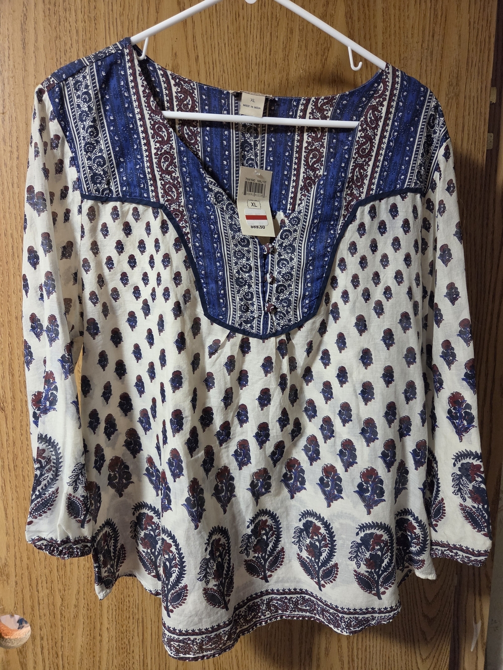 Boho Printed Peasant Blouse - Blue & White Lucky Brand Lightweight XL